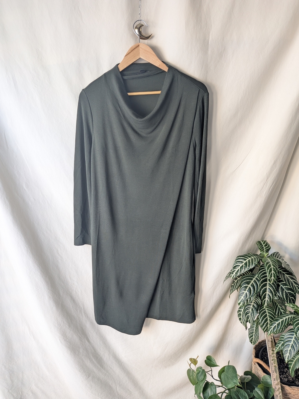 Classic Cowl Neck Long Sleeve Dress - Olive Green